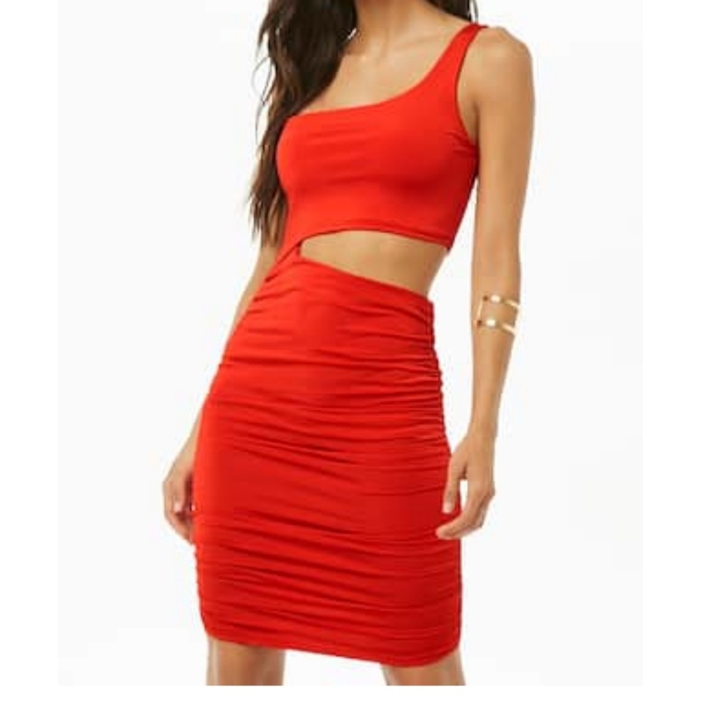 Red Cutout Ruched One-Shoulder Dress